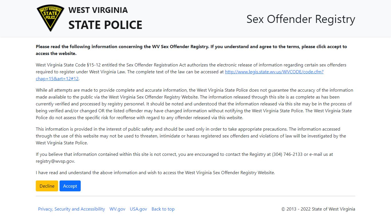 State Police Sex Offender Registry - Disclaimer - West Virginia